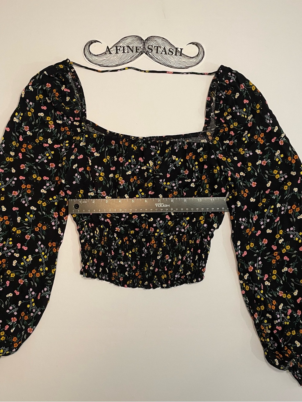 AFRM Waverly Smocked Crop Top Black Floral Puff Sleeve Square Neck Blouse Small